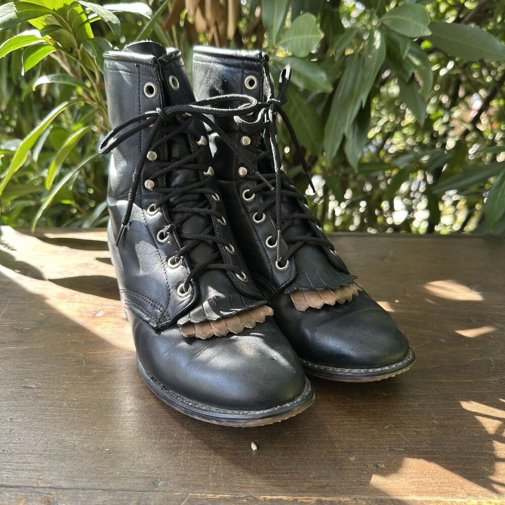 Laredo Leather Lace Up Fringe Tongue Western Folk Indie Cowboy Grunge Sz 7.5